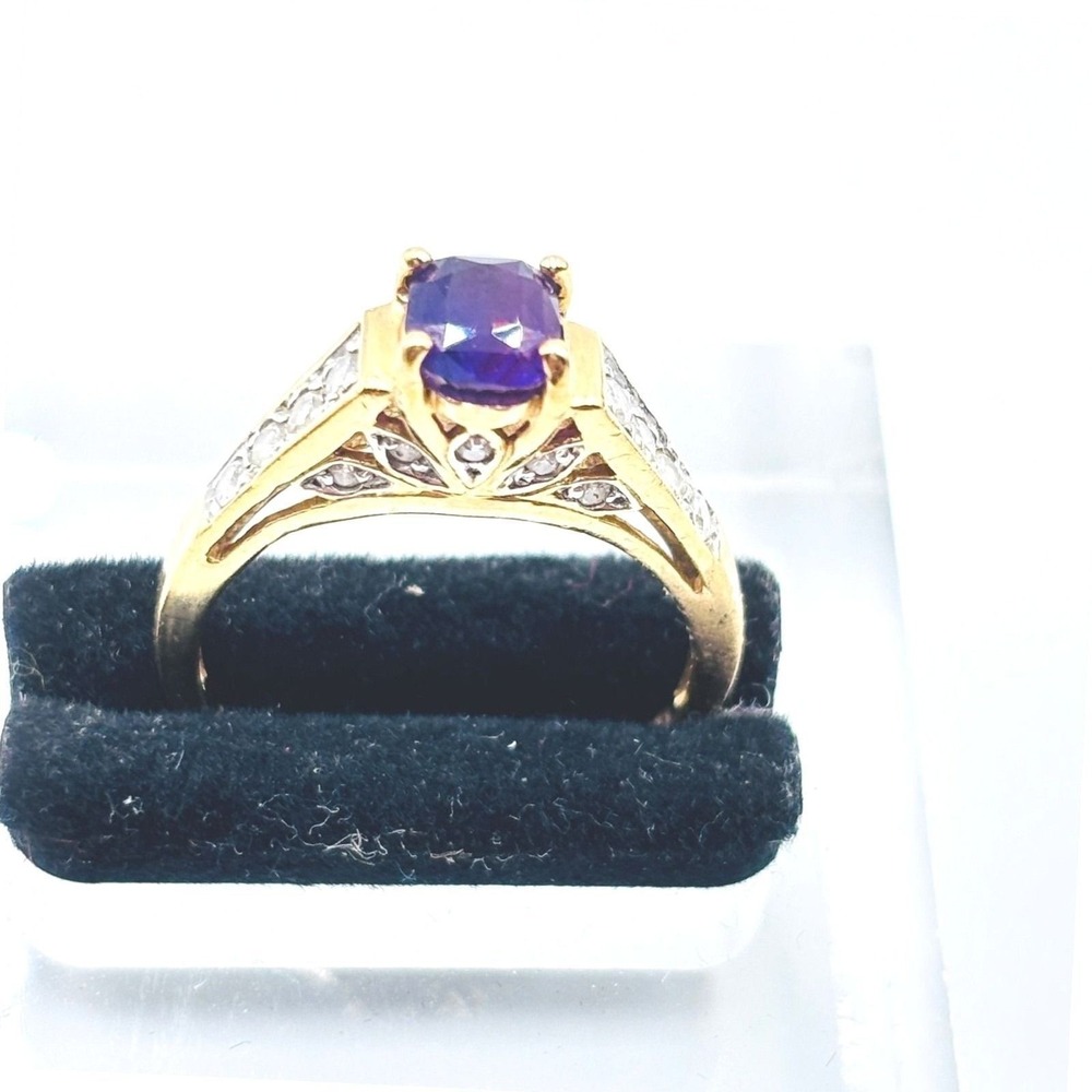Vintage 10kt Yellow Gold Amethyst and Diamond Accent Cocktail Ring Size 7.75